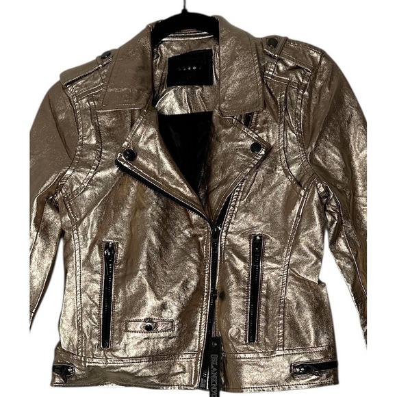 New Blank NYC Jacket Women's XS Rose Gold Faux Leather Pockets Moto Crop Metalic - Picture 8 of 13